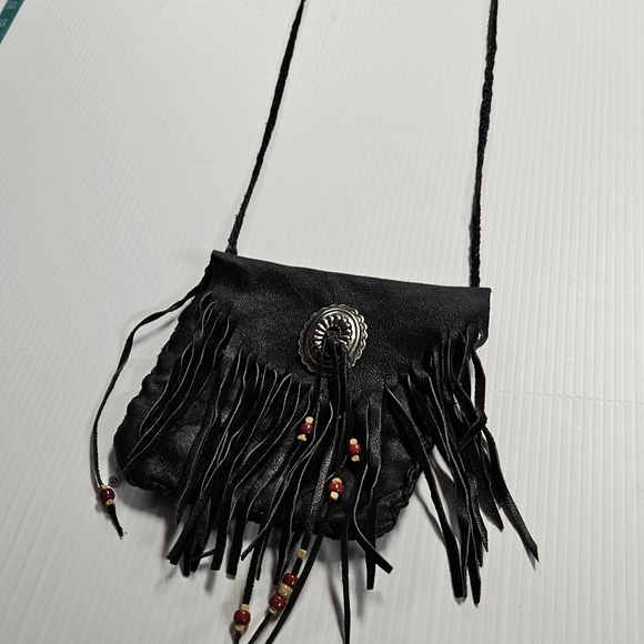 Vintage Soft Leather Fringe Crossbody Purse  w/ Beads - Picture 11 of 12